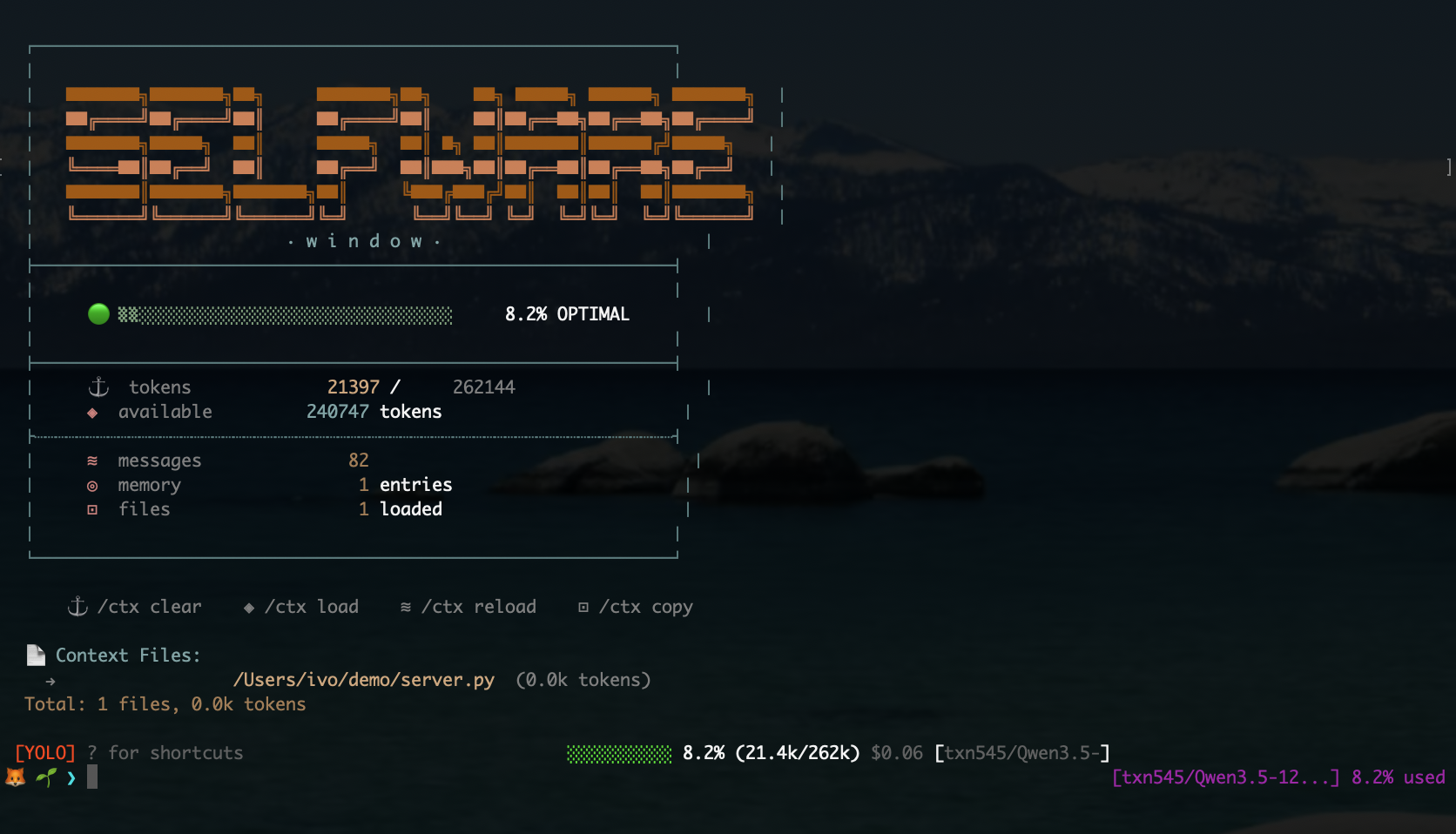 Selfware chat interface with ASCII banner, token usage, and model info