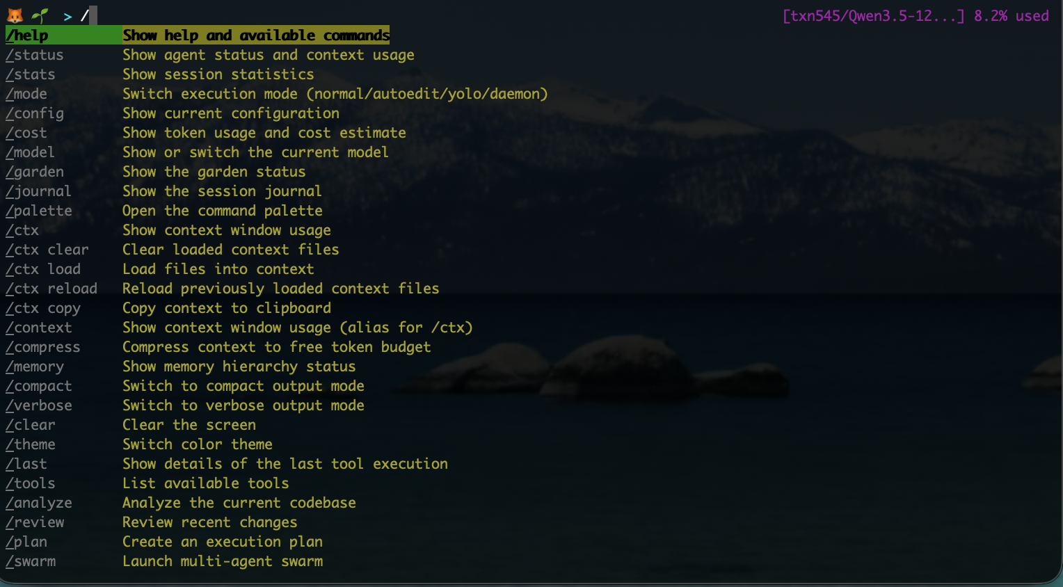 Selfware command palette showing all available commands